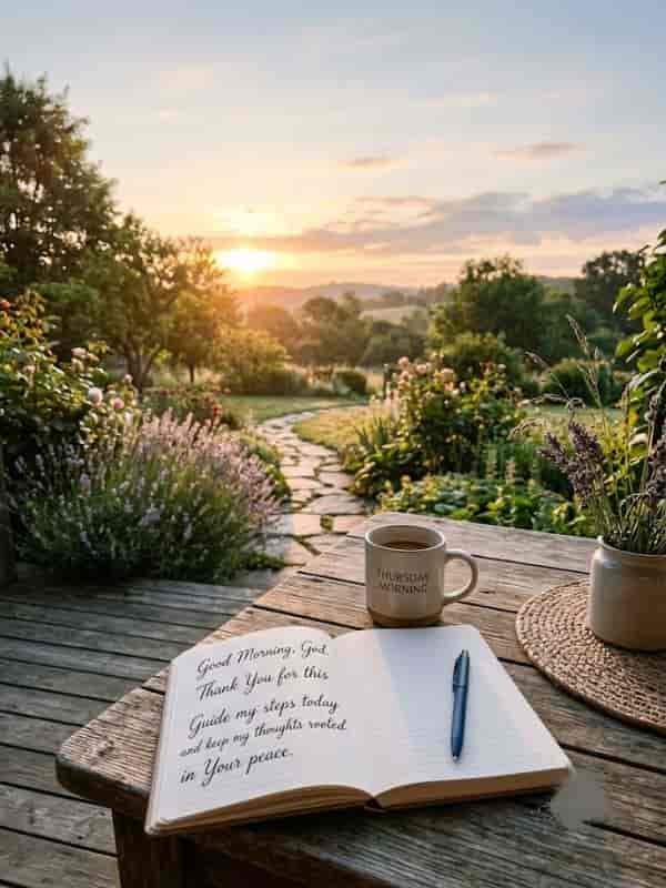 A wooden table on a patio overlooking a sunlit garden, holding a ceramic mug labeled "Thursday Morning" and an open journal inscribed with the prayer: "Good morning, God. Thank You for this fresh start. Guide my steps today and keep my thoughts rooted in Your peace."