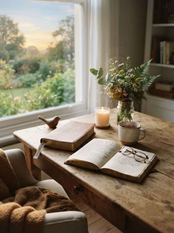 A cozy, sunlit morning scene by a window features a rustic wooden desk and an armchair draped with a warm knit blanket. On the desk sits a closed leather-bound Bible with a gold cross, an open journal with handwritten entries and reading glasses resting on its pages, a lit candle in a glass jar, and a vase filled with wildflowers and eucalyptus. Through the window, a lush garden is visible during the sunrise hours. Bookshelves are partially seen in the background.