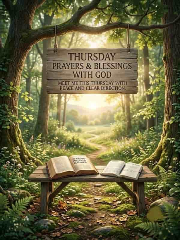A rustic wooden sign hanging in a serene, sunlit forest path with the text "Thursday Prayers & Blessings with God: Meet me this Thursday with peace and clear direction" above an open Bible on a bench.