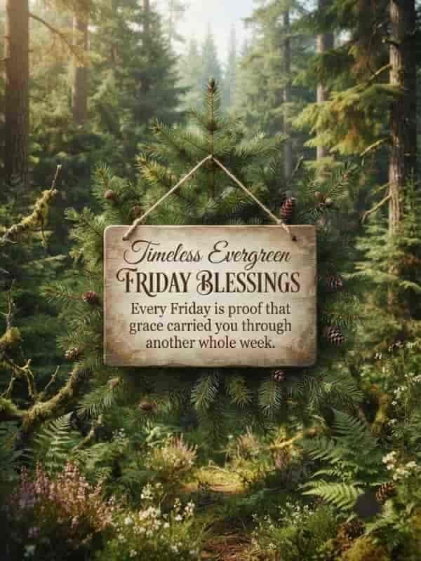 A 3:4 vertical image featuring a rustic wooden sign nestled among lush evergreen pine branches in a tranquil forest. The sign is inscribed with the text, "Timeless Evergreen Friday Blessings. Every Friday is proof that grace carried you through another whole week."