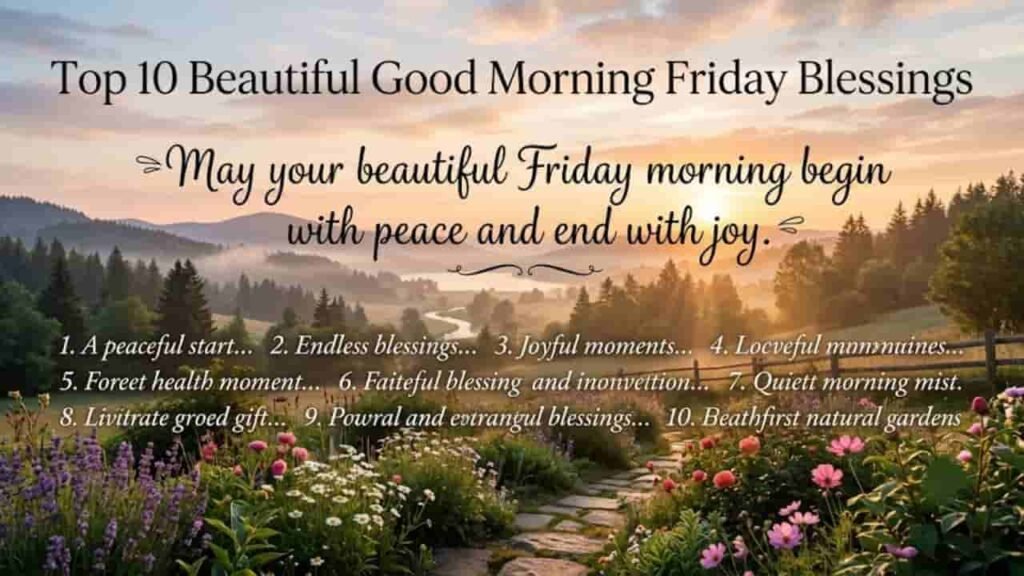 Scenic sunrise over mist-covered hills and a blooming flower garden featuring the quote: May your beautiful Friday morning begin with peace and end with joy.