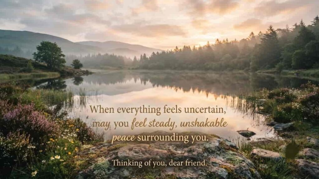 A peaceful 16:9 landscape at sunrise showing a calm lake reflecting misty mountains, evergreen forests, wildflowers, and mossy rocks, overlaid with the text: "When everything feels uncertain, may you feel steady, unshakable peace surrounding you. Thinking of you, dear friend.