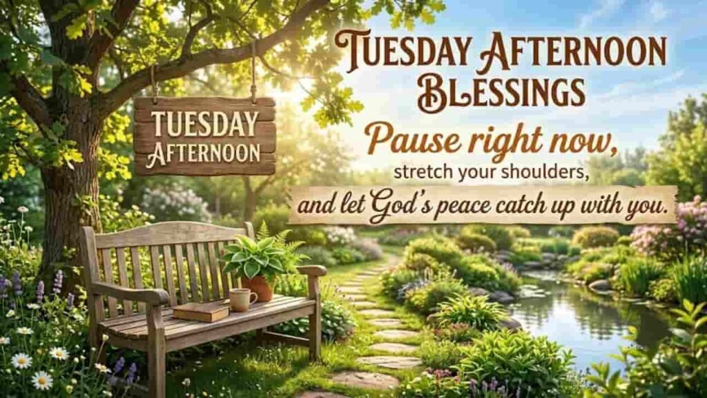 A serene garden scene with a wooden bench beside a peaceful stream, featuring the text "Tuesday Afternoon Blessings: Pause right now, stretch your shoulders, and let God's peace catch up with you".
