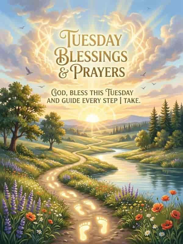 A serene morning landscape with glowing footprints along a winding path next to a river, featuring the text "Tuesday Blessings & Prayers" and "God, bless this Tuesday and guide every step I take" set against a bright sunrise sky.