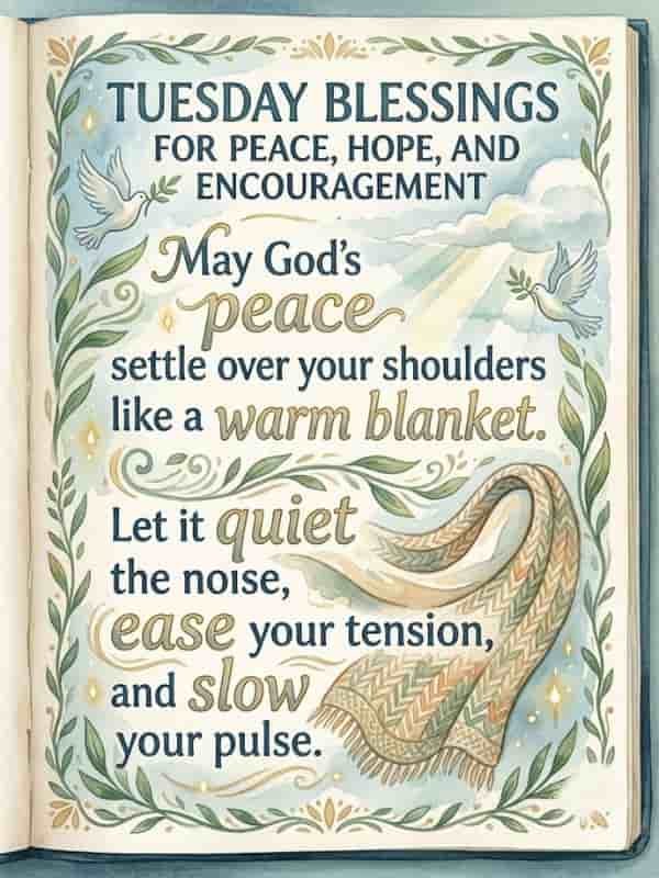 An open book page featuring watercolor artwork with leafy vine borders, peaceful doves carrying olive branches, a cozy woven blanket, and decorative text that reads: "Tuesday Blessings for Peace, Hope, and Encouragement. May God's peace settle over your shoulders like a warm blanket. Let it quiet the noise, ease your tension, and slow your pulse."