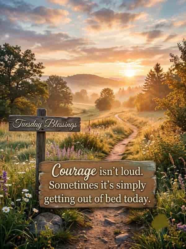 A serene morning landscape with a winding dirt path through a wildflower field at sunrise, featuring rustic wooden signs reading "Tuesday Blessings" and "Courage isn't loud. Sometimes it's simply getting out of bed today."