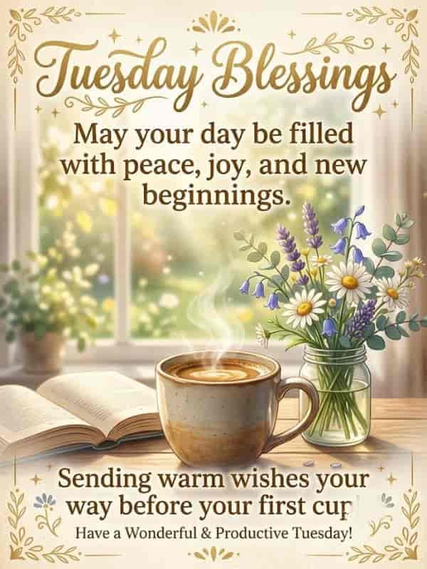 A cozy Tuesday blessings graphic featuring a steaming mug of coffee, an open book, and a vase of wildflowers on a wooden table, with uplifting text wishing a peaceful and productive day.