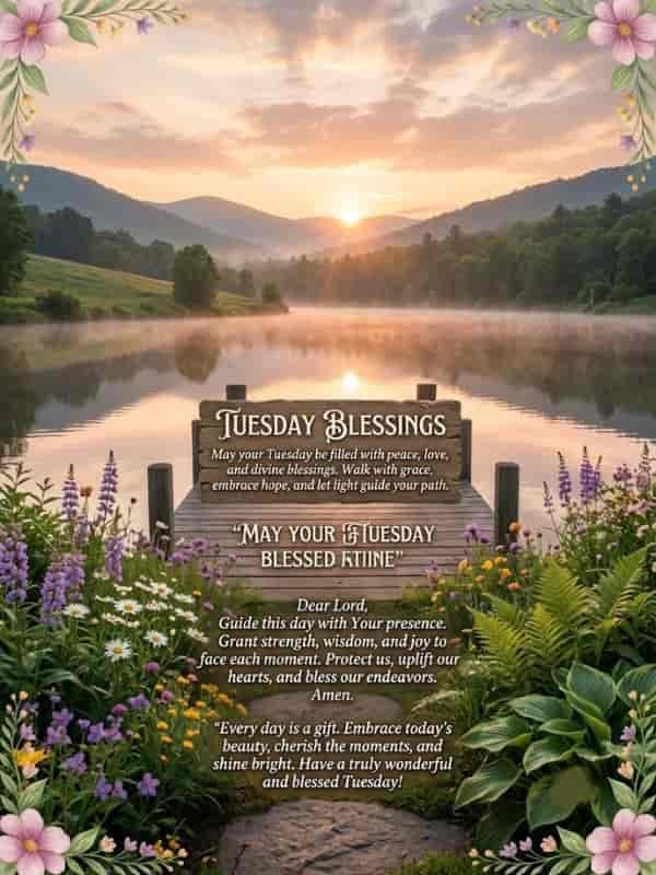 A serene lake at sunrise with wildflowers framing a wooden dock, featuring elegant text for Tuesday blessings, prayers, and inspirational quotes.