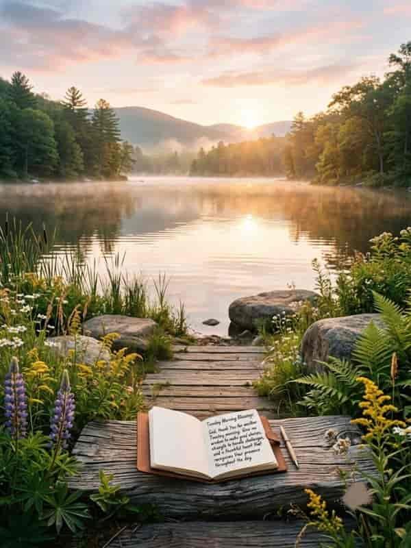Tuesday morning blessings and prayers with a peaceful sunrise over a misty mountain lake, surrounded by trees, wildflowers, and an open prayer book.