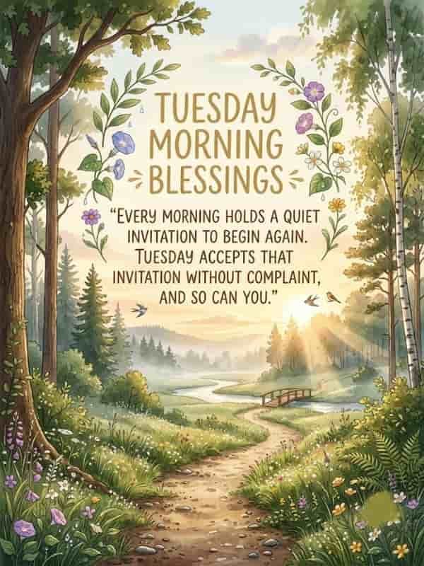 An inspiring watercolor illustration of a serene morning landscape featuring a dirt path winding through a lush green meadow towards a peaceful river bridge at sunrise. At the top, framed by botanical floral garlands, elegant gold lettering reads "Tuesday Morning Blessings" followed by the quote: "Every morning holds a quiet invitation to begin again. Tuesday accepts that invitation without complaint, and so can you."
