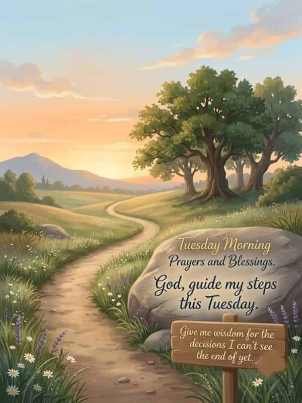 Tuesday morning prayer background showing a winding dirt path through a peaceful sunlit meadow with wildflowers, lush trees, and a wooden sign, featuring the text "Tuesday Morning Prayers and Blessings. God, guide my steps this Tuesday. Give me wisdom for the decisions I can't see the end of yet."