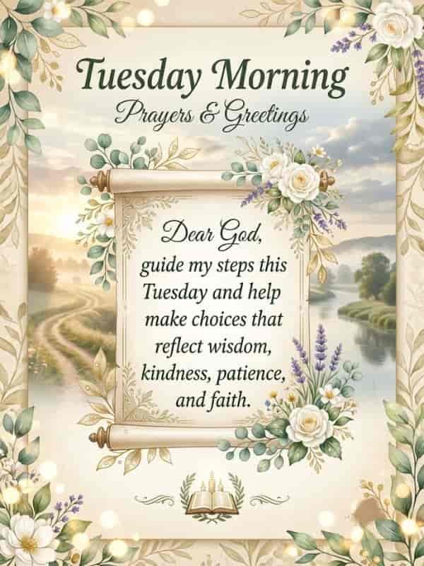 Tuesday Morning Prayers and Greetings greeting card featuring a prayer scroll, white roses, eucalyptus leaves, lavender flowers, and a peaceful morning landscape with a winding path and river.