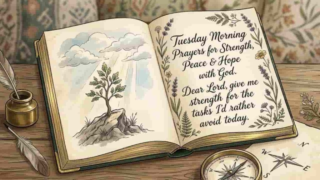 An open journal displaying a Tuesday morning prayer written on the right page, framed by delicate floral illustrations. The left page features a watercolor illustration of a small tree growing on a rocky hill with light rays streaming from the clouds above. Quill, ink bottle, and a compass rest beside the book on a wooden surface.