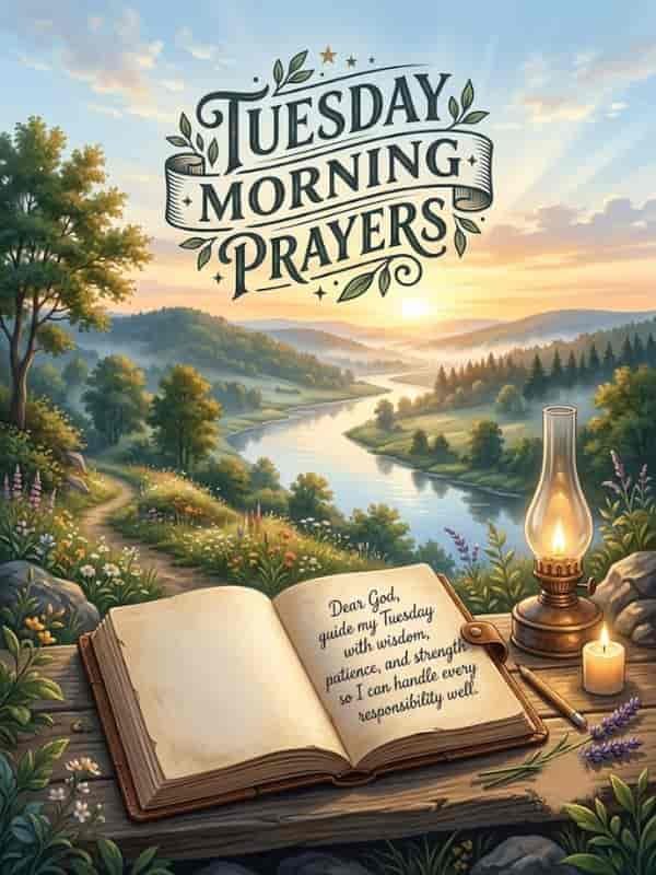 An open journal on a rustic wooden table featuring a morning prayer, set against a scenic landscape with a winding river, glowing lamp, and rising sun.   