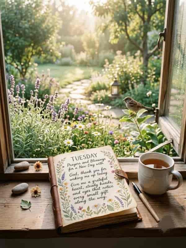 An open wooden journal sitting on a windowsill overlooking a sunlit garden, displaying the hand-written text "Tuesday Prayers and Blessings for a New Day with God, thank you for waking me up today. Give me a grateful heart, steady hands, and eyes that notice every small gift along the way." beside a warm mug of tea and a small bird perched on the ledge.