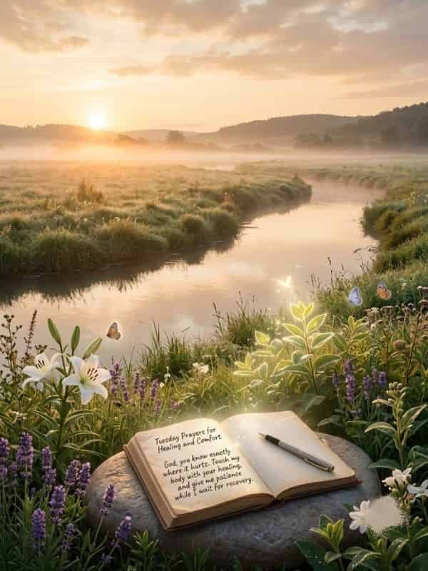 An open journal resting on a stone beside a serene river at sunrise, displaying the written text, "Tuesday Prayers for Healing and Comfort: God, you know exactly where it hurts. Touch my body with your healing, and give me patience while I wait for recovery."