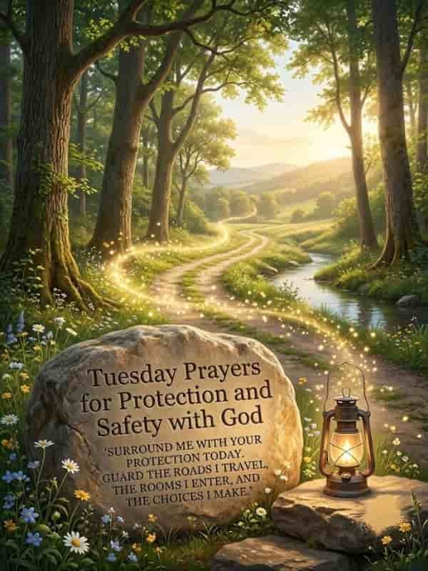 A peaceful forest path bathed in soft sunlight, featuring a large stone in the foreground engraved with the text "Tuesday Prayers for Protection and Safety with God," accompanied by a glowing lantern sitting beside it.
