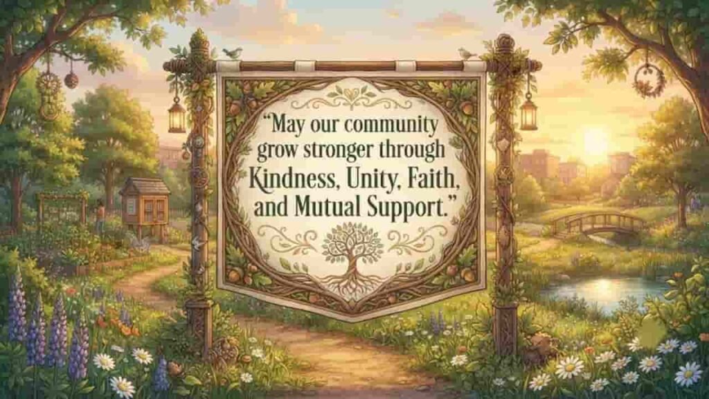 A serene community garden at sunrise featuring a rustic wooden sign that reads, 'May our community grow stronger through kindness, unity, faith, and mutual support,' surrounded by vibrant wildflowers, lush trees, and a peaceful path.