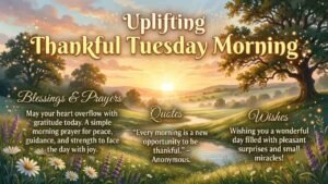 An inspiring nature landscape at sunrise featuring a winding river through rolling hills and blooming flowers. The scene includes stylized text that reads "Thankful Tuesday Blessings," along with sections for "Blessings & Prayers," "Quotes," and "Wishes" containing encouraging messages of gratitude, peace, and small miracles.
