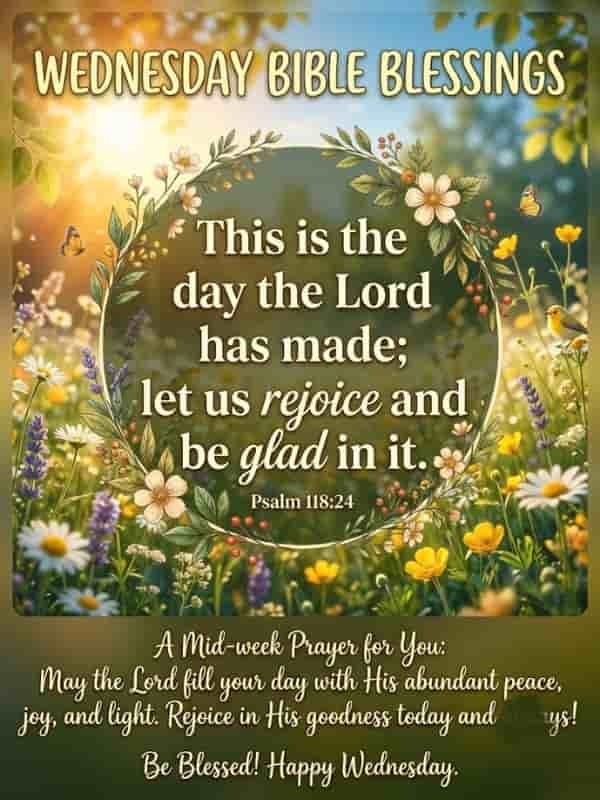 Wednesday Bible blessings image featuring the scripture Psalm 118:24 written inside a circular floral frame with butterflies and wildflowers, accompanied by a midweek blessing message on a serene sunlit background.