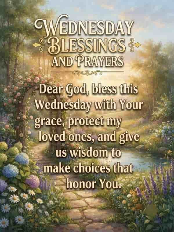 A serene garden path at sunrise with blooming flowers and text overlay that reads 'Wednesday Blessings and Prayers: Dear God, bless this Wednesday with Your grace, protect my loved ones, and give us wisdom to make choices that honor You.