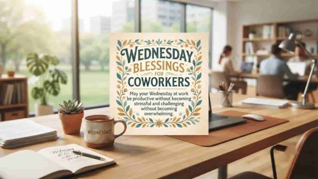 Wednesday Blessings Card on Office Desk
A greeting card resting on a wooden office desk, featuring the text "Wednesday Blessings for Coworkers: May your Wednesday at work be productive without becoming stressful and challenging without becoming overwhelming" surrounded by a botanical leaf and floral illustration. The background shows a bright, modern office workspace with a laptop, a coffee mug, paperwork, and out-of-focus background details.
