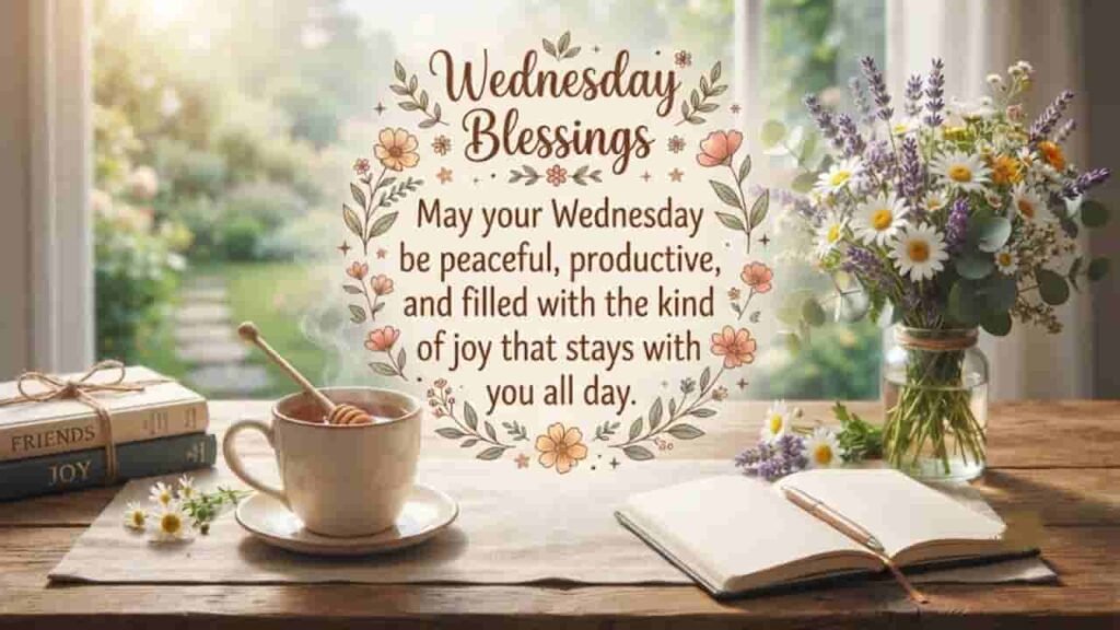 A cozy wooden desk setup with a mug of tea, a vase of wildflowers, books labeled 'Friends' and 'Joy', and an open notebook featuring the text 'Wednesday Blessings: May your Wednesday be peaceful, productive, and filled with the kind of joy that stays with you all day'.