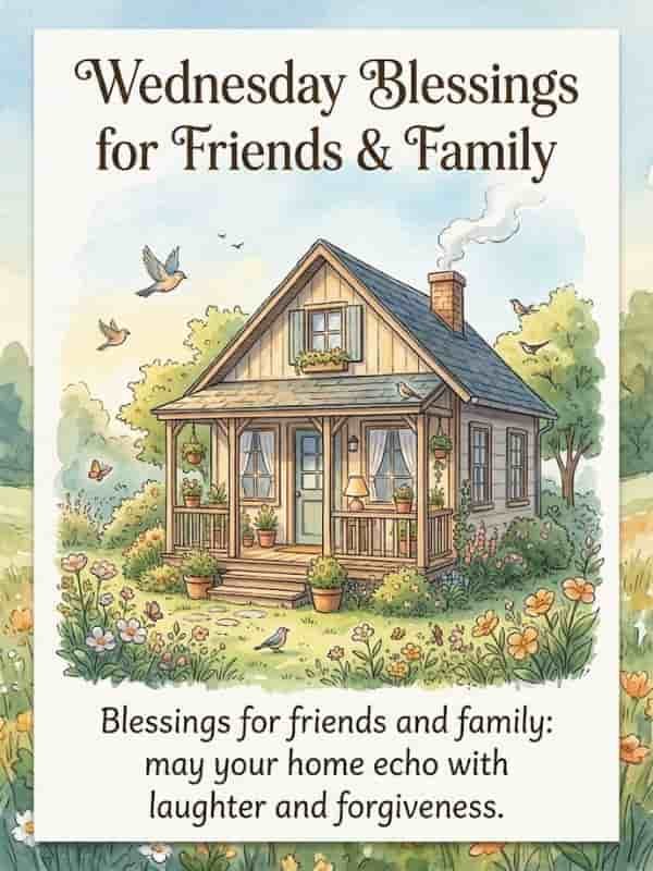 A cozy watercolor illustration of a charming cottage surrounded by a blooming garden, featuring the text "Wednesday Blessings for Friends & Family: may your home echo with laughter and forgiveness."