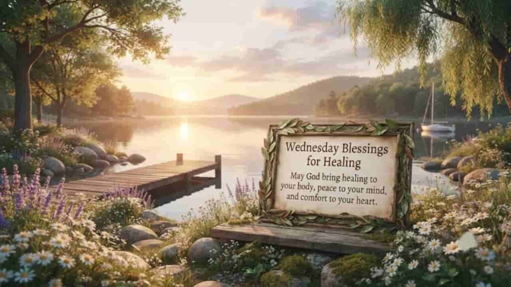 A serene lakeside landscape at sunrise featuring a rustic sign surrounded by wildflowers and lavender, inscribed with the text "Wednesday Blessings for Healing: May God bring healing to your body, peace to your mind, and comfort to your heart.