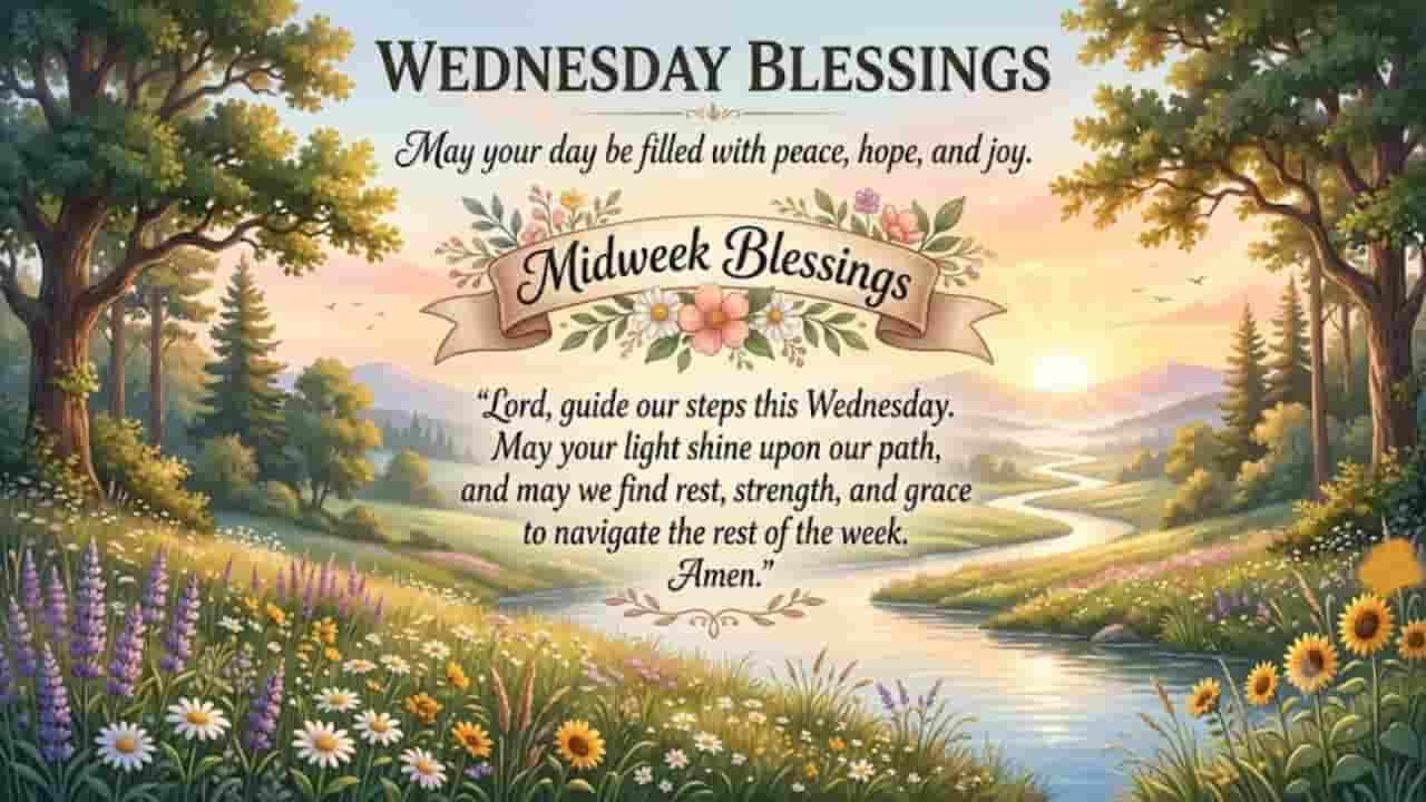 A peaceful landscape illustration featuring blooming wildflowers, a winding river at sunrise, and uplifting Wednesday blessings, quotes, and prayers written in elegant typography "Wednesday blessings images and quotes".