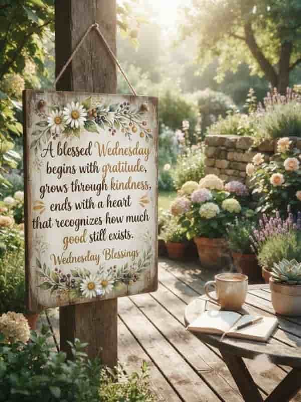 A vertical rustic wooden sign hanging on a wooden post outdoors on a sunlit deck features the handwritten text, "A blessed Wednesday begins with gratitude, grows through kindness, and ends with a heart that recognizes how much good still exists. Wednesday Blessings," surrounded by painted white daisies and green foliage. The background showcases a serene garden scene with potted plants, blooming flowers, a steaming mug of coffee, and an open notebook on a wooden table.