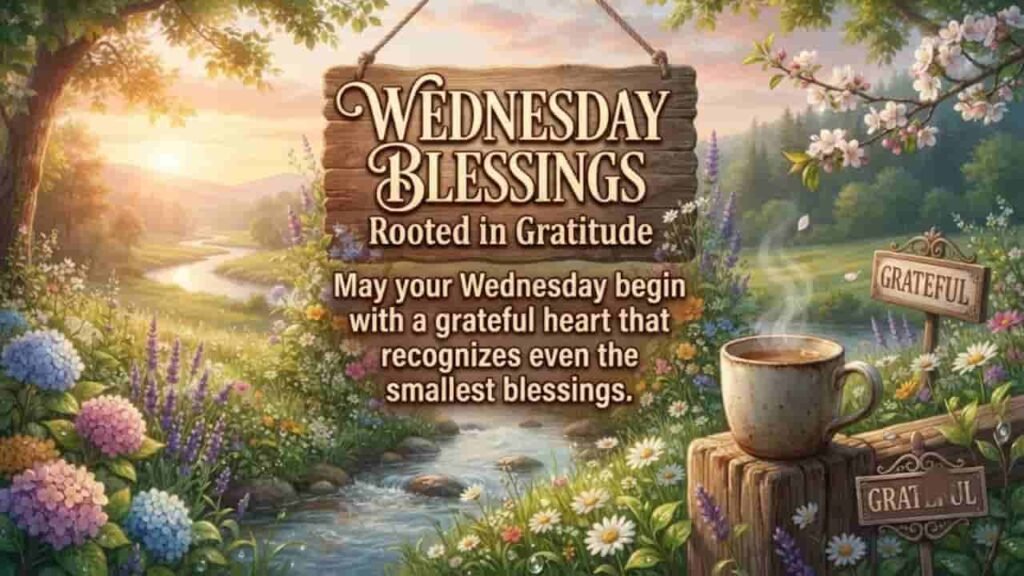 Wednesday Blessings image featuring a peaceful sunrise landscape, flowers, a cup of coffee, and the text: 'May your Wednesday begin with a grateful heart that recognizes even the smallest blessings.