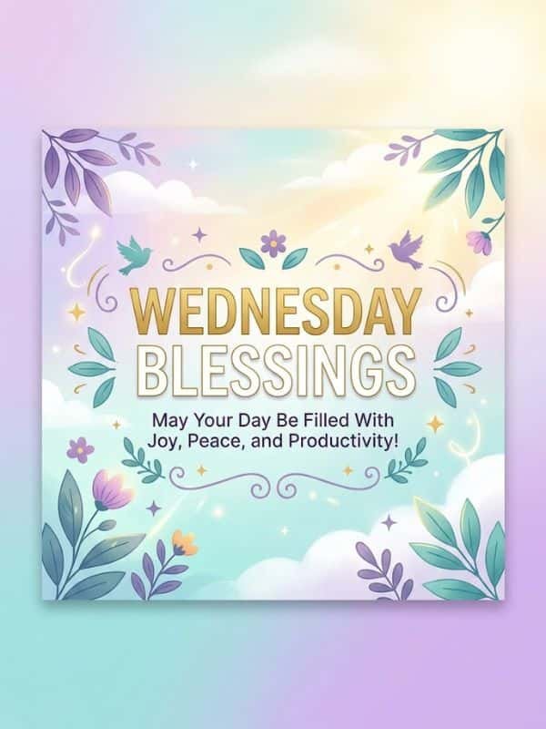 A social media graphics post with gentle pastel shades featuring the text "WEDNESDAY BLESSINGS: May Your Day Be Filled With Joy, Peace, and Productivity!" surrounded by decorative leaves, flowers, birds, and soft sunlight.
