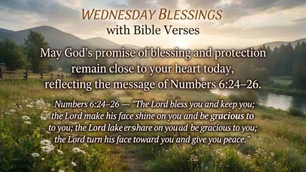A peaceful 16:9 landscape scene featuring a serene morning sunrise over rolling green hills, a gentle river, and a grassy meadow filled with white wildflowers. In the foreground, legible text reads "Wednesday Blessings with Bible Verses," followed by the message "May God’s promise of blessing and protection remain close to your heart today, reflecting the message of Numbers 6:24–26," and includes the full scripture text. The image contains no human figures or religious crosses.
