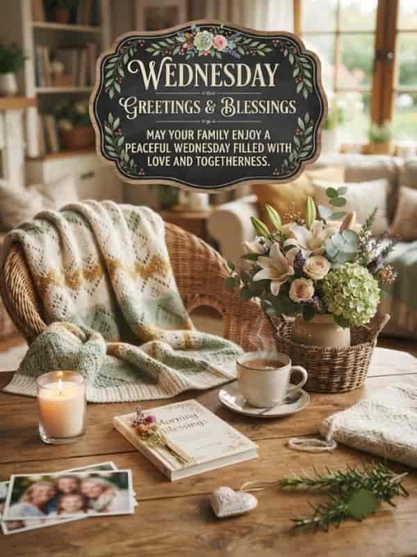 A cozy indoor setting on a wooden table with a steaming cup of coffee, a lit candle, a book titled "Morning Blessings", photographs, and a vase of flowers.