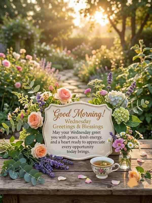 A serene morning scene featuring a decorative plaque with the text 'Good Morning! Wednesday Greetings & Blessings' and a positive quote. The plaque rests on a rustic wooden table alongside colorful spring flowers, lavender, and a cup of tea in a sunlit garden.