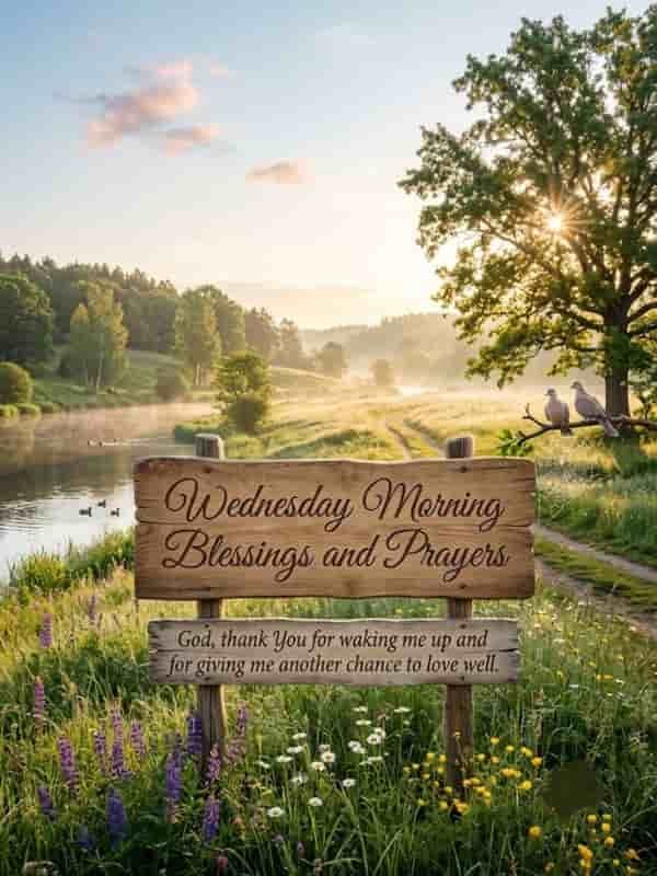 A wooden sign in a sunlit meadow reading "Wednesday Morning Blessings and Prayers" above "God, thank You for waking me up and for giving me another chance to love well."