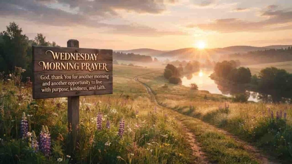 A serene Wednesday morning landscape with a golden sunrise over rolling hills and a winding river, featuring a rustic wooden sign in the foreground that reads 'WEDNESDAY MORNING PRAYER: God, thank You for another morning and another opportunity to live with purpose, kindness, and faith.'