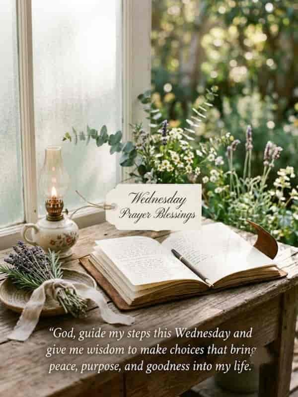 Rustic wooden desk by a window featuring an open journal, a glowing oil lamp, lavender sprigs, and the text 'Wednesday Prayer Blessings: God, guide my steps this Wednesday and give me wisdom to make choices that bring peace, purpose, and goodness into my life.