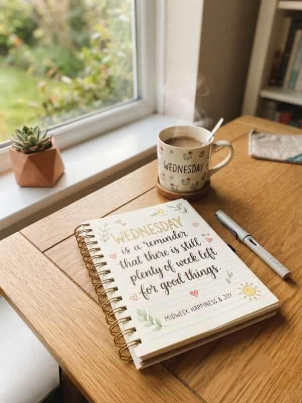 An open spiral-bound notebook resting on a wooden table displays handwritten text reading 'Wednesday is a reminder that there is still plenty of week left for good things' alongside a steaming mug labeled 'WEDNESDAY', a pen, a small potted succulent, and a sunlit window in the background.