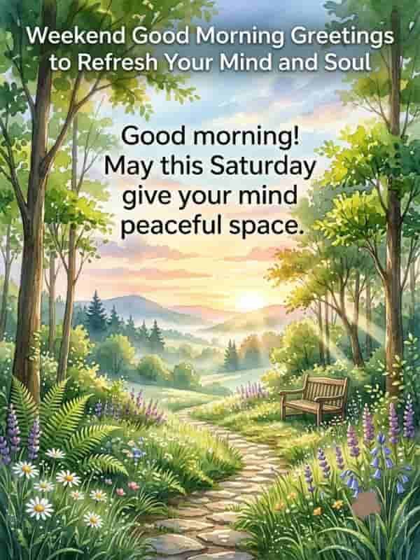 Watercolor illustration of a peaceful forest path at sunrise with text: Good morning! May this Saturday give your mind peaceful space.