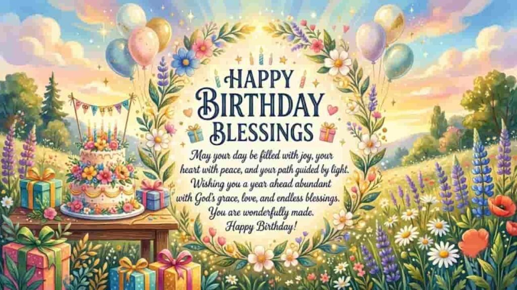 Happy Birthday Blessings image featuring a floral frame, birthday cake, gifts, and an inspirational message.