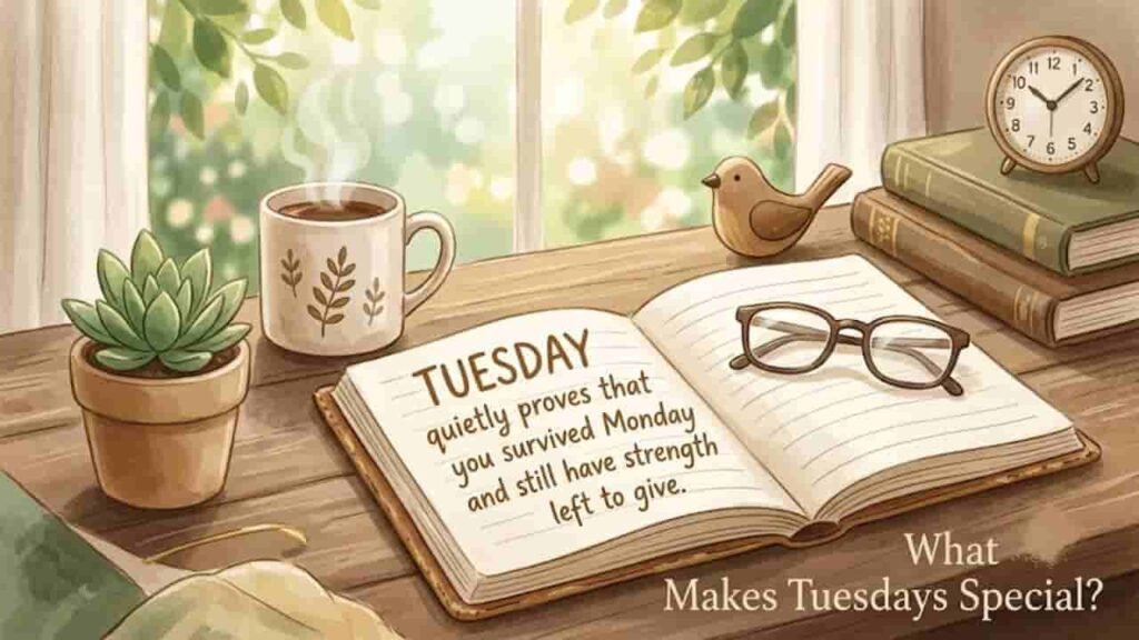 A watercolor illustration of a warm wooden desk by a bright window featuring an open journal with the quote, "TUESDAY quietly proves that you survived Monday and still have strength left to give." Beside the journal sit a steaming coffee mug, a small potted succulent, folded glasses, stacked books, a wooden bird figurine, and an analog clock. The text "What Makes Tuesdays Special?" appears in the bottom right corner.