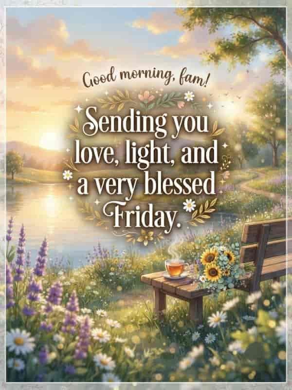 A serene morning landscape featuring a sunlit lake, blooming wildflowers, a wooden bench with a cup of tea and sunflowers, and glowing text that reads 'Good morning, fam! Sending you love, light, and a very blessed Friday.