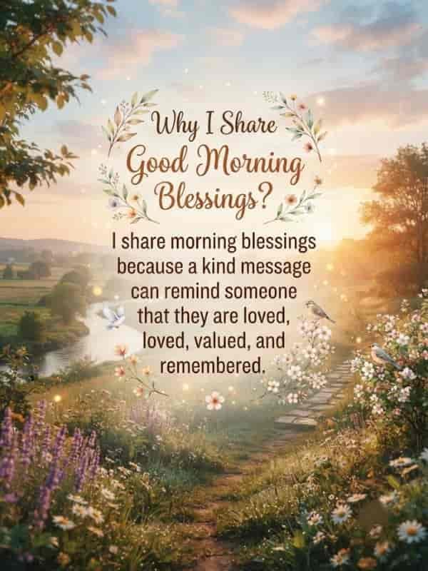A serene sunrise over a green landscape with a winding stone path, wildflowers, birds, and glowing lights, featuring the text: 'Why I Share Good Morning Blessings? I share morning blessings because a kind message can remind someone that they are loved, valued, and remembered.