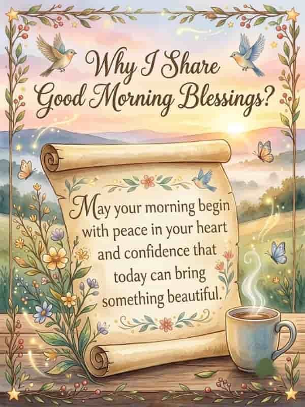 A tranquil morning scene featuring a scroll with the blessing 'May your morning begin with peace in your heart and confidence that today can bring something beautiful', surrounded by wildflowers, birds, butterflies, and a warm cup of coffee under a sunrise background.
