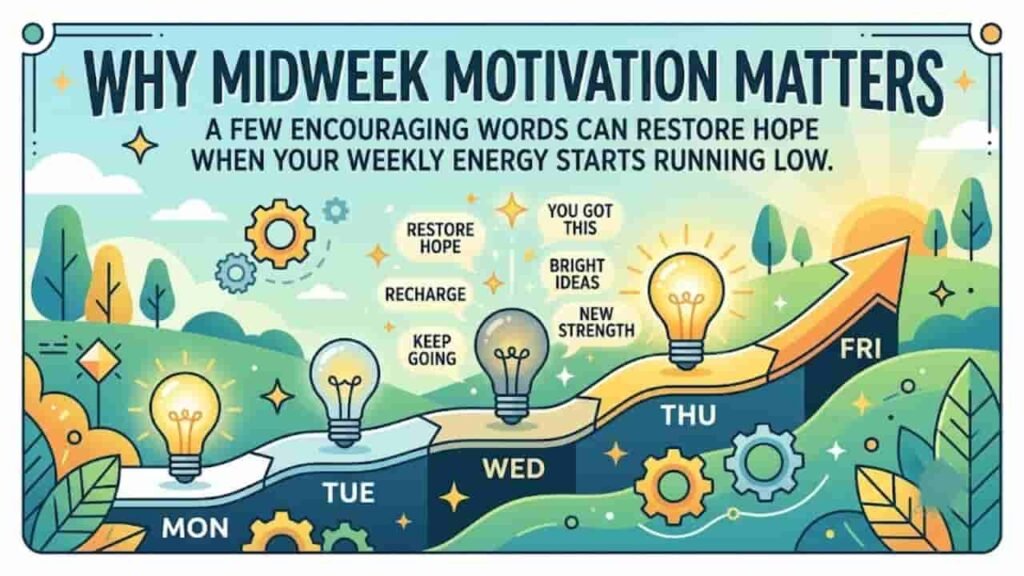 An graphic illustration titled "Why Midweek Motivation Matters" showing a rising path marked from Monday to Friday with glowing lightbulbs, gears, and uplifting words.