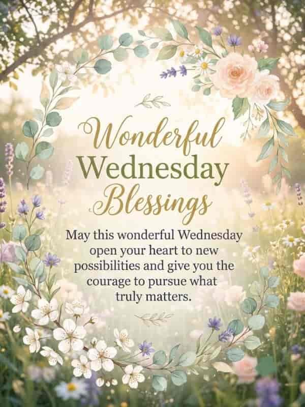 A soft watercolor floral frame with green leaves and light pink roses on a bright morning garden background featuring the quote: Wonderful Wednesday Blessings - May this wonderful Wednesday open your heart to new possibilities and give you the courage to pursue what truly matters.