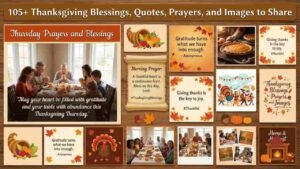 A collage featuring Thanksgiving blessings, quotes, and Thursday prayers with images of families sharing a festive meal, autumn leaves, a turkey, and a cornucopia.