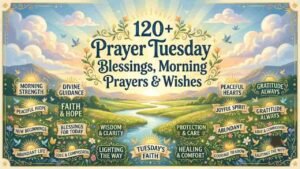 A vibrant sunrise landscape graphic featuring the text '120+ Prayer Tuesday Blessings, Morning Prayers & Wishes' surrounded by serene hills, a river, flowers, flying birds, and peaceful blessing tags.